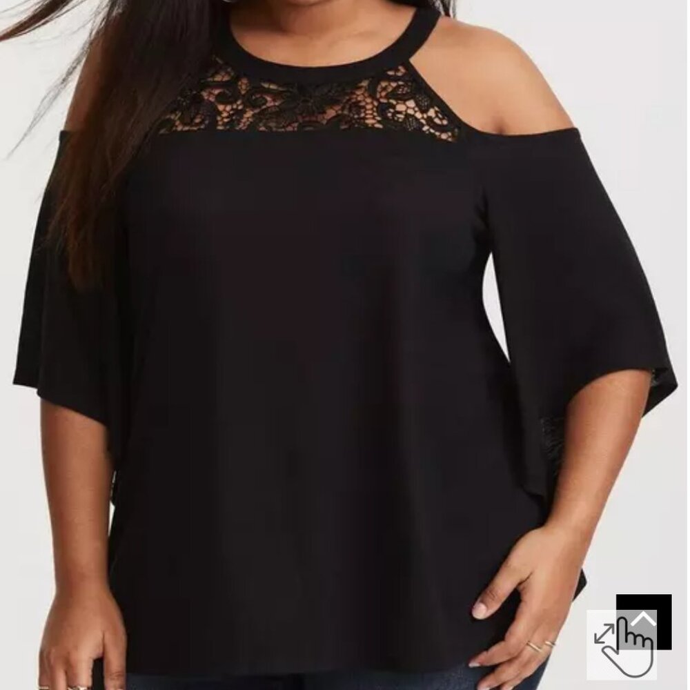 Knit Jersey Crew Neck Lace Inset Cold Shoulder Top